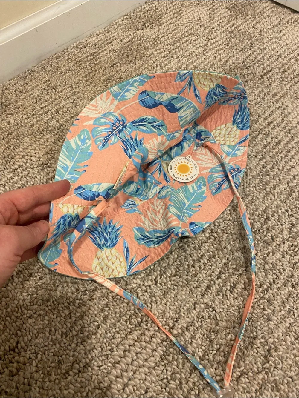 Girls Teal Sun Hat with Floral Chin Straps